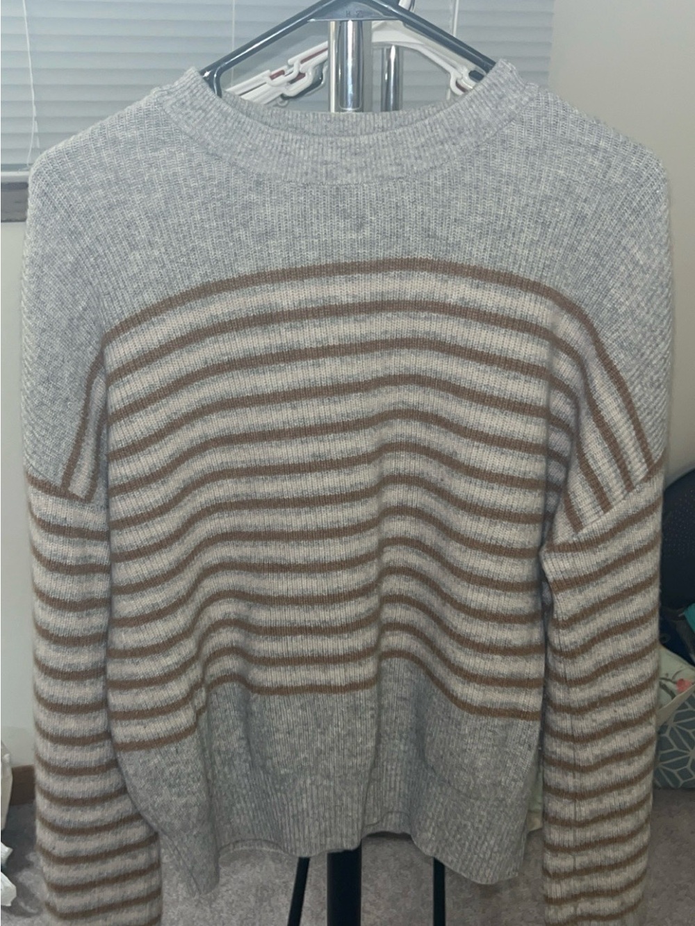 Monrow Crewneck Sweater in Light Gray with Brown Stripes
